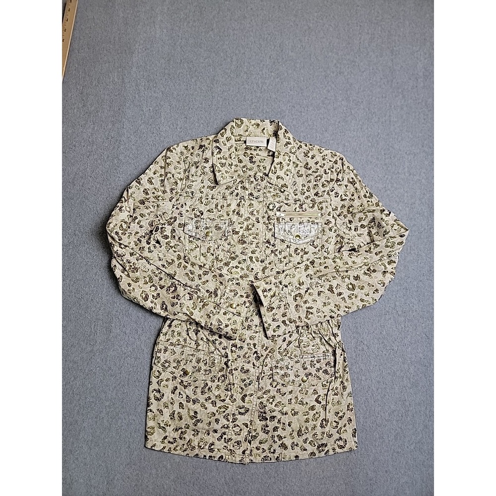 Chico's Utility Jacket Womens 0 XS Tan Green Animal Print Sequin Utility Safari